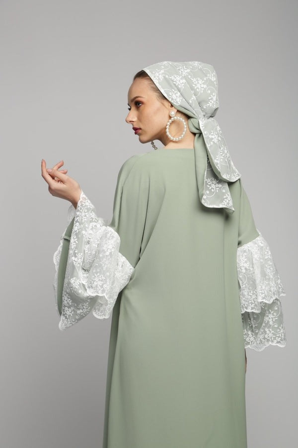 Huda Lace Detailed Green Abaya
