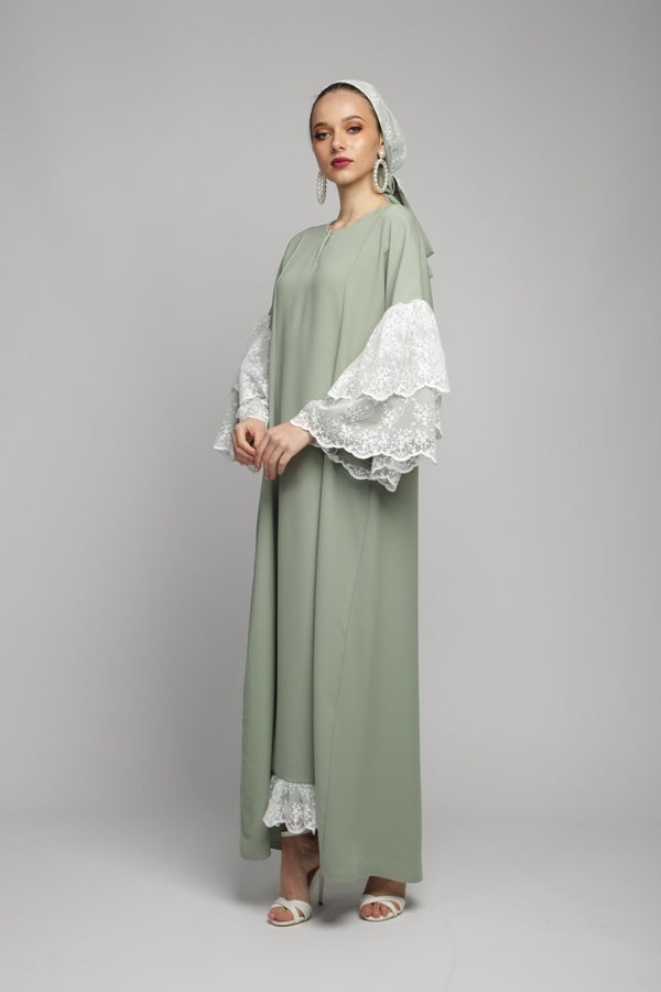 Huda Lace Detailed Green Abaya