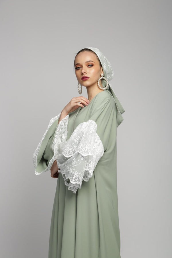 Huda Lace Detailed Green Abaya