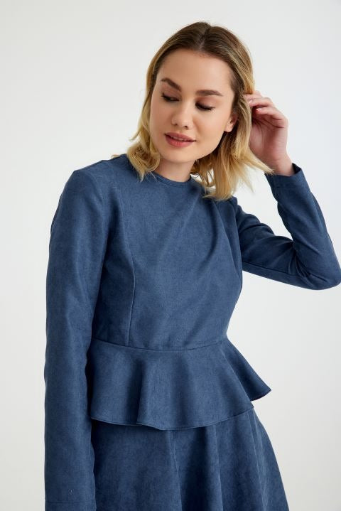 Prague Indigo Velvet Double Skirt Blouse Set