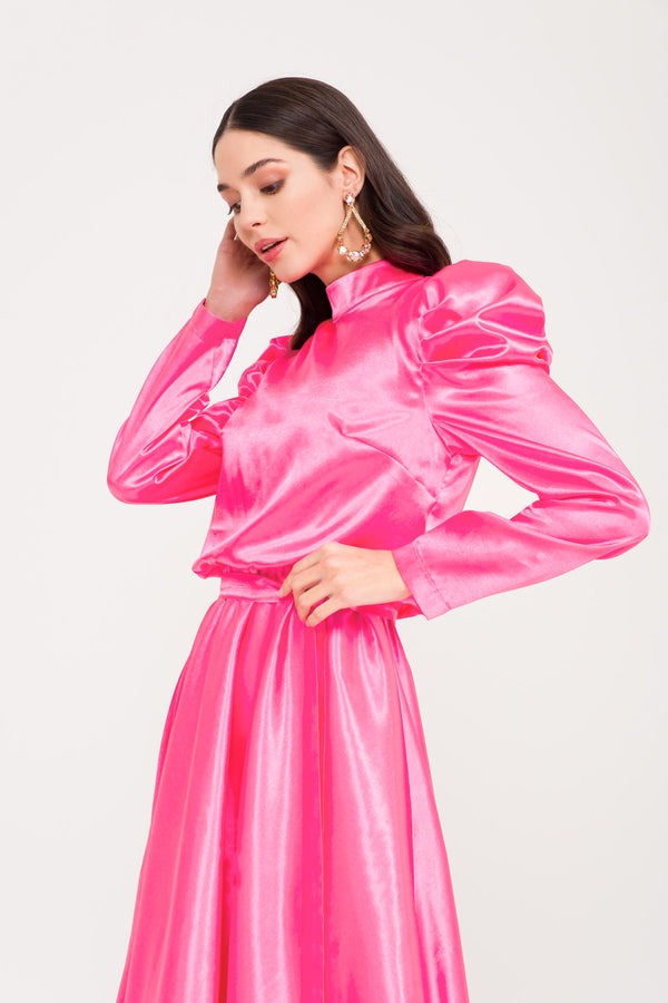 Queen Sleeve Detailed Satin Evening Dress