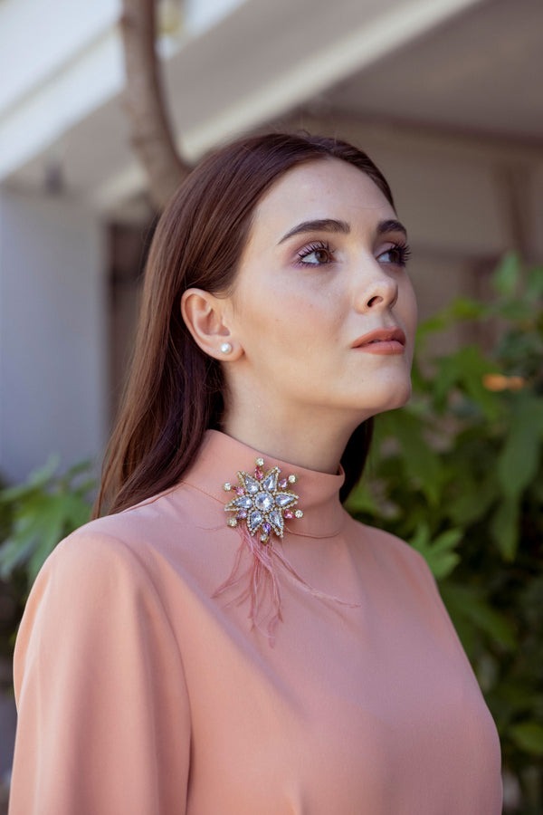 Tanca Broş Aksesuarlı Krep Somon Elbise