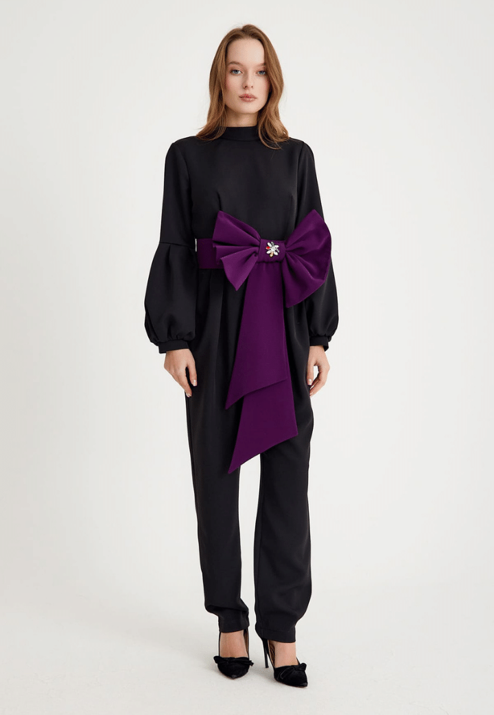 Shine Belt Detailed Evening Dress Jumpsuit