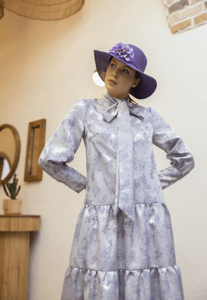 Eva Lilac Evening Dress with Sash Detail on the Collar