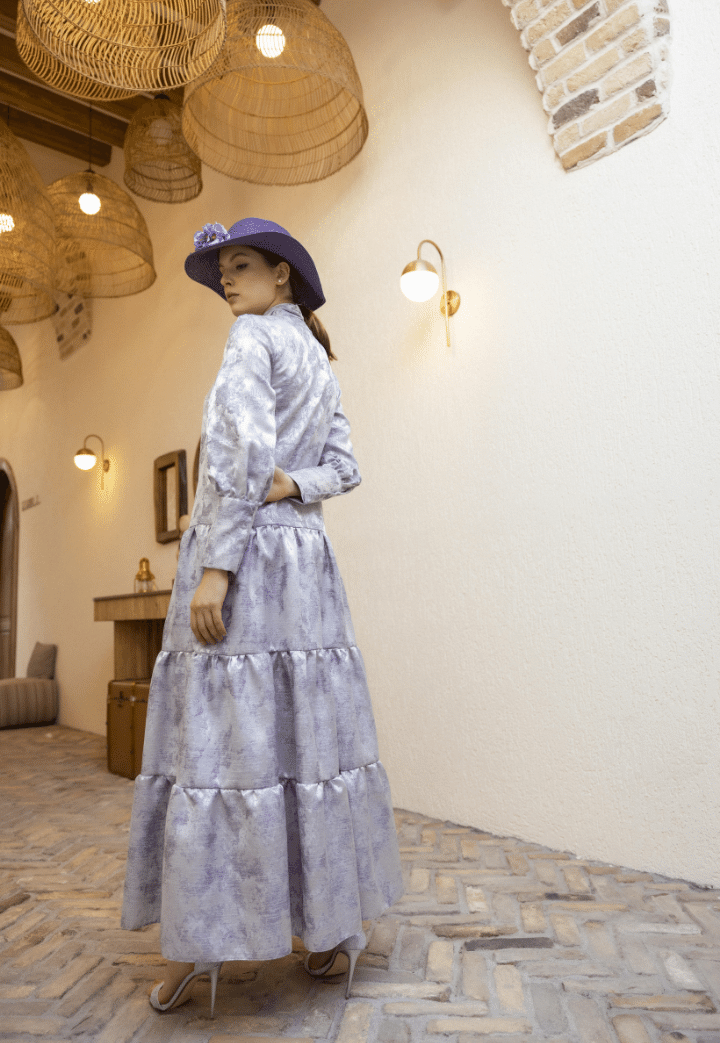 Eva Lilac Evening Dress with Sash Detail on the Collar