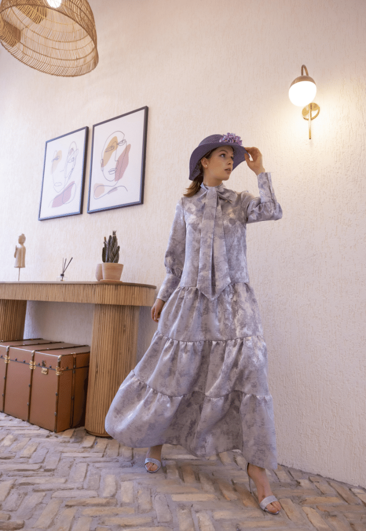 Eva Lilac Evening Dress with Sash Detail on the Collar