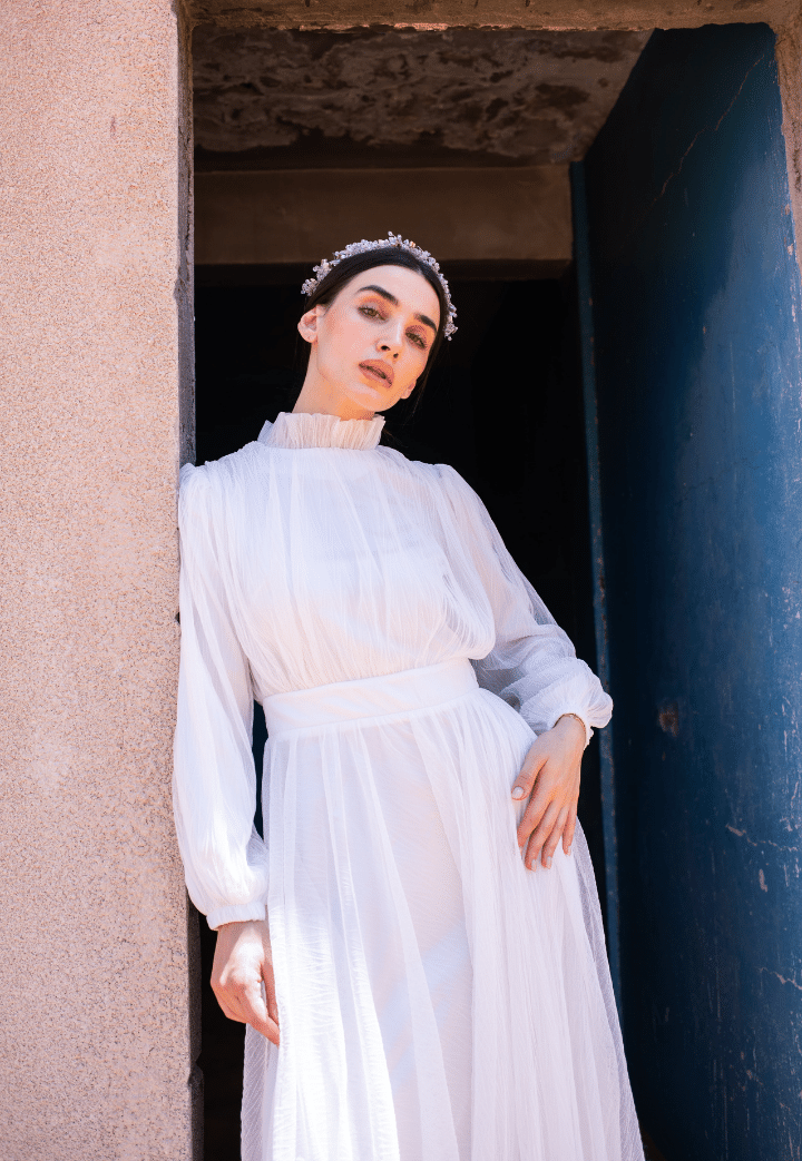 Fulya Büzgü Detaylı Ekru Abiye Elbise