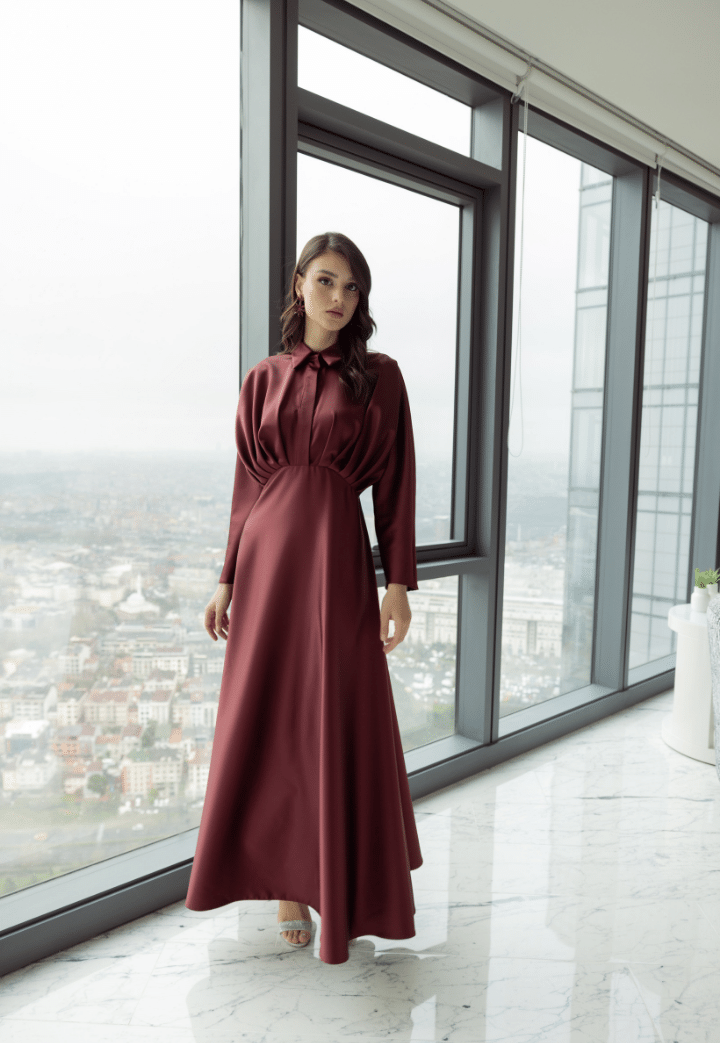 Hale Saten Bordo Abiye Elbise