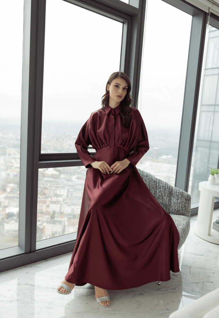 Hale Saten Bordo Abiye Elbise