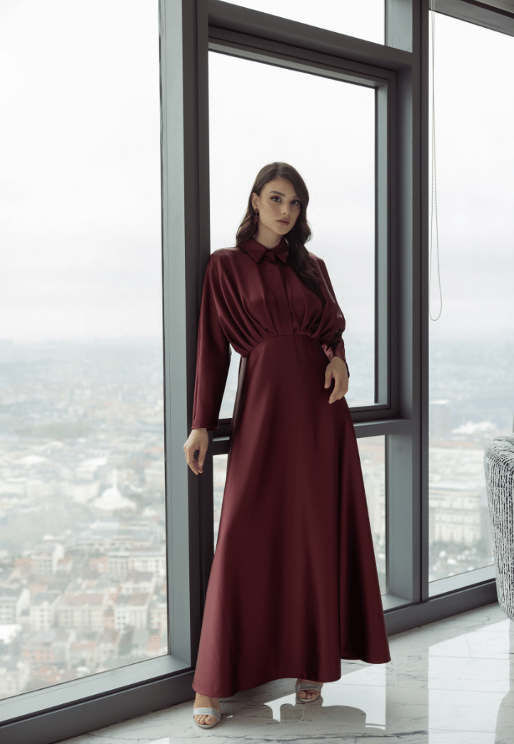 Hale Saten Bordo Abiye Elbise