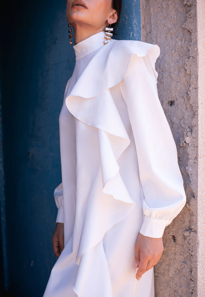 Hera Flounce Detailed Crepe Ecru Dress