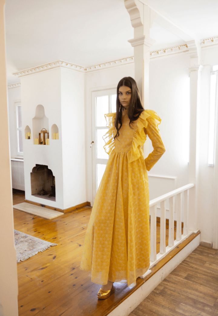 Laila Flounce Detailed Embroidered Yellow Evening Dress