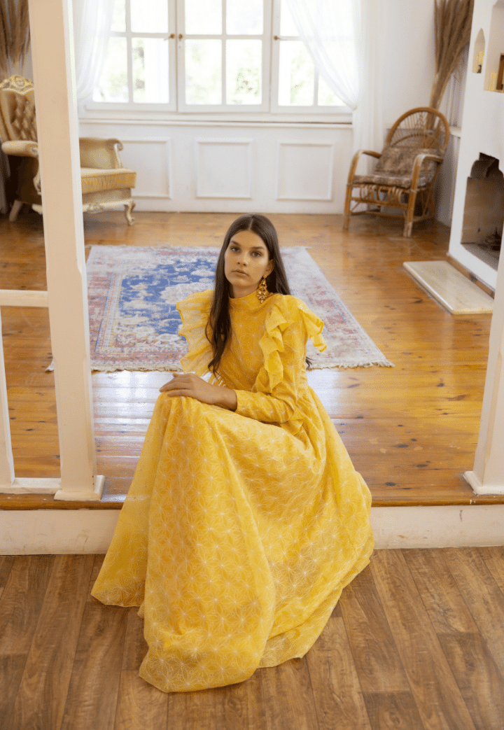 Laila Flounce Detailed Embroidered Yellow Evening Dress