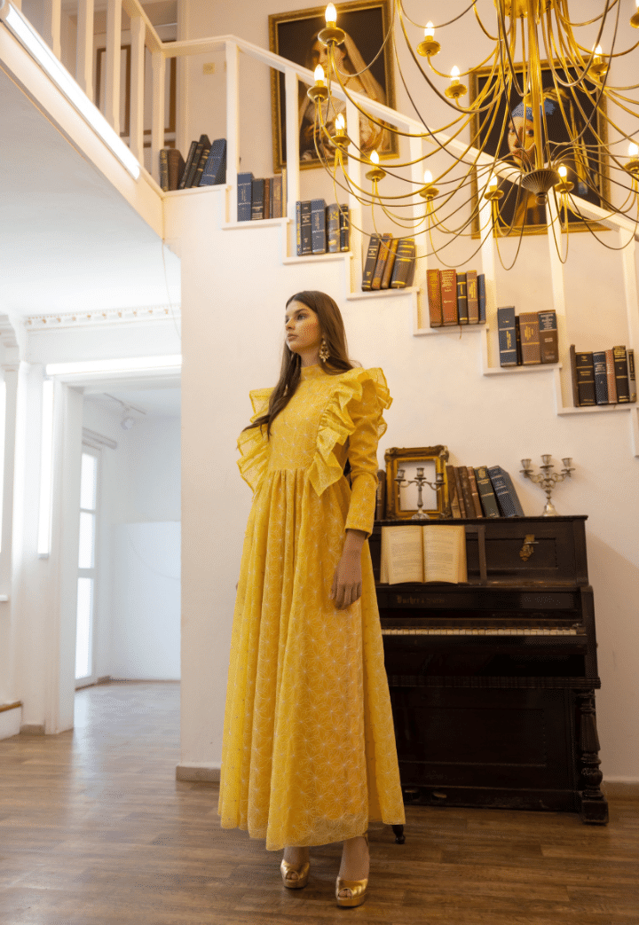 Laila Flounce Detailed Embroidered Yellow Evening Dress