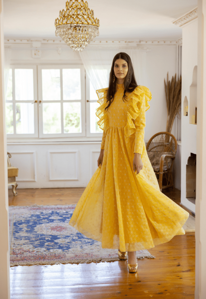 Laila Flounce Detailed Embroidered Yellow Evening Dress