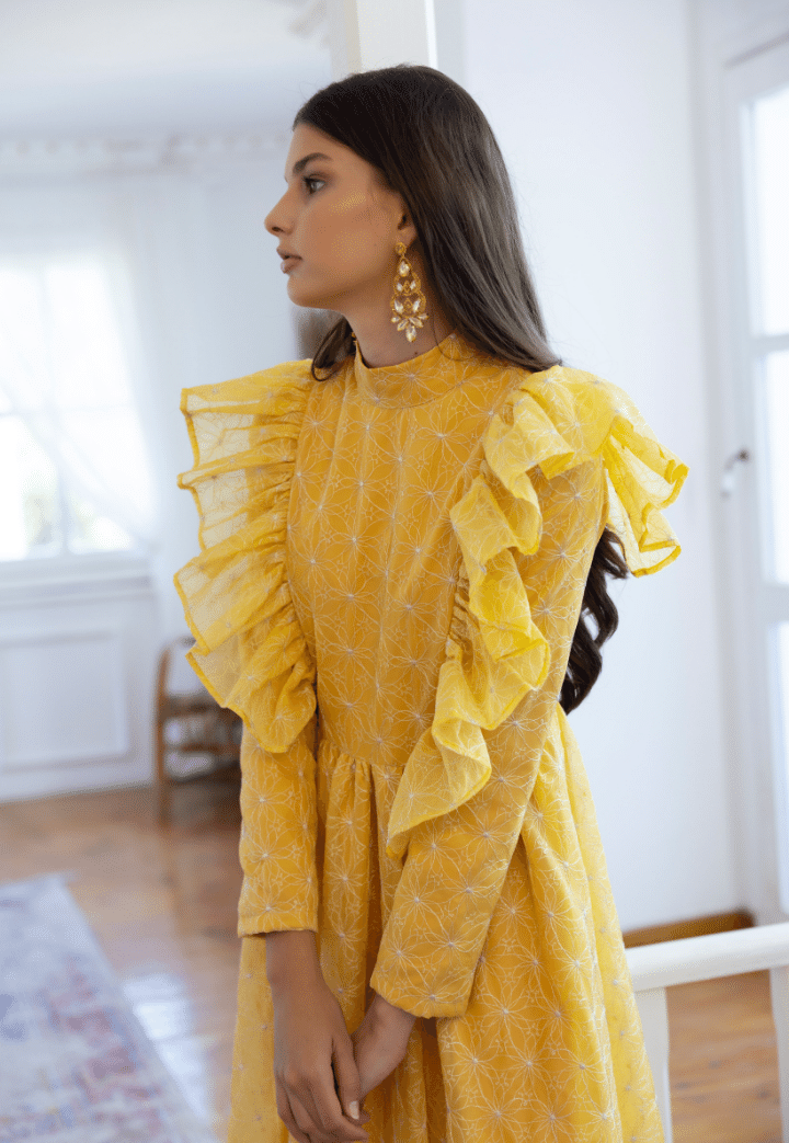 Laila Flounce Detailed Embroidered Yellow Evening Dress