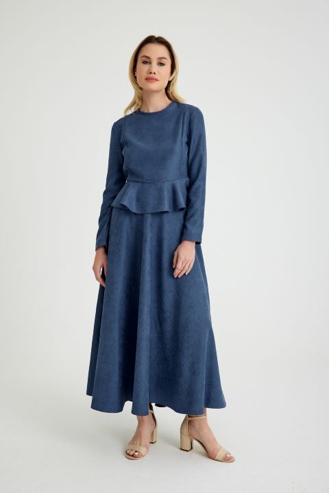 Prague Indigo Velvet Double Skirt Blouse Set