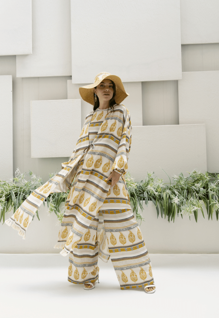 Püskül Detaylı Pamuklu Pantolon-Bluz-Kimono 3'lü Takım