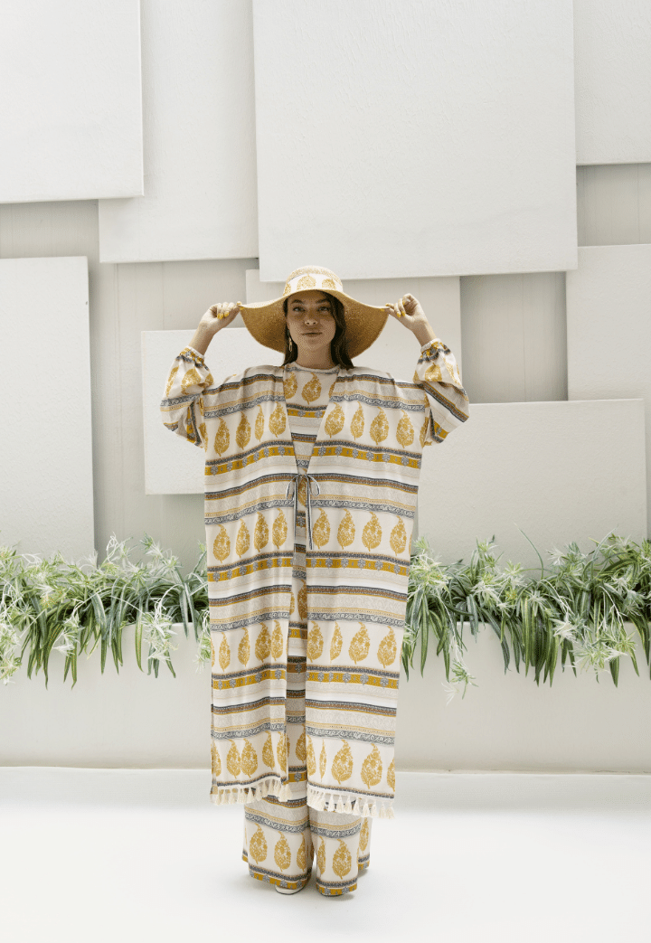 Püskül Detaylı Pamuklu Pantolon-Bluz-Kimono 3'lü Takım