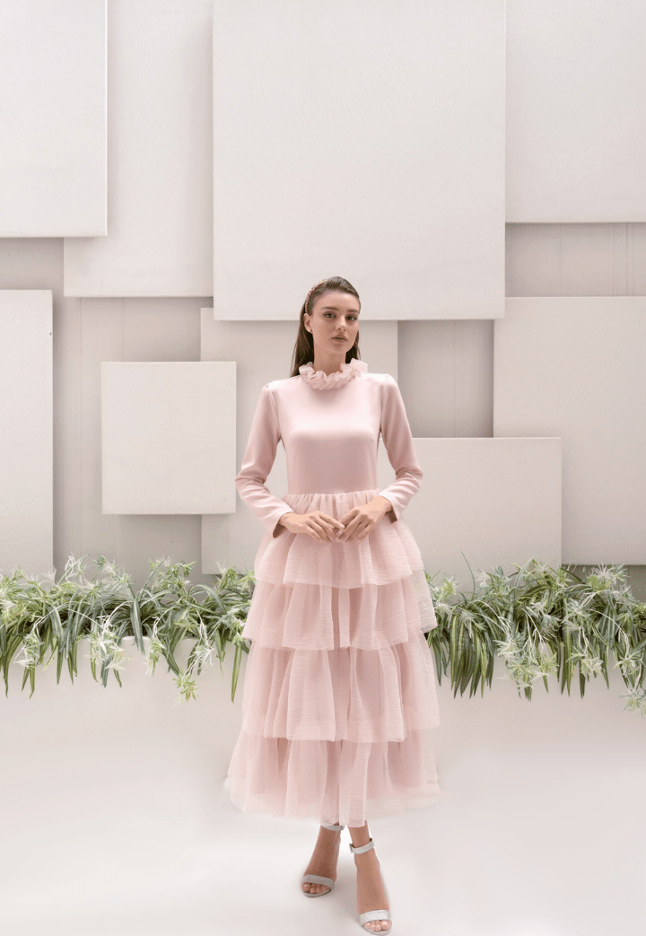 Qubra Ruffle Detailed Pink Evening Dress