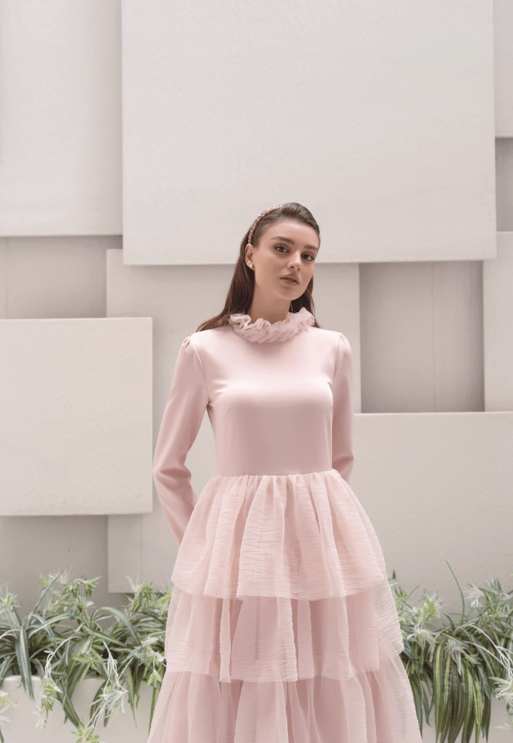 Qubra Ruffle Detailed Pink Evening Dress