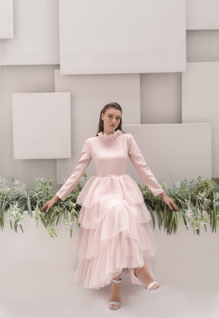 Qubra Ruffle Detailed Pink Evening Dress