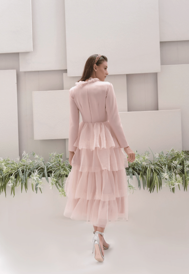 Qubra Ruffle Detailed Pink Evening Dress