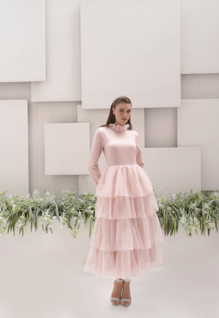 Qubra Ruffle Detailed Pink Evening Dress