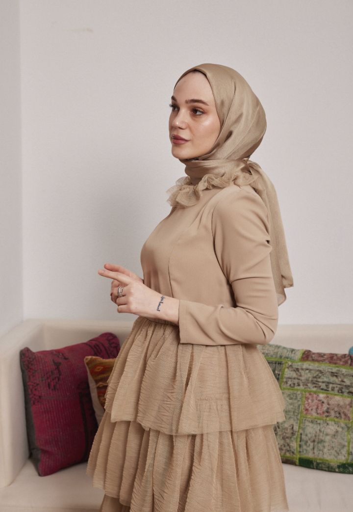 Qubra Beige Evening Dress with Gather Detail