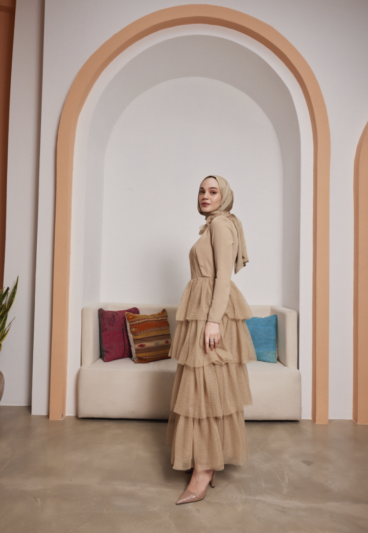 Qubra Beige Evening Dress with Gather Detail