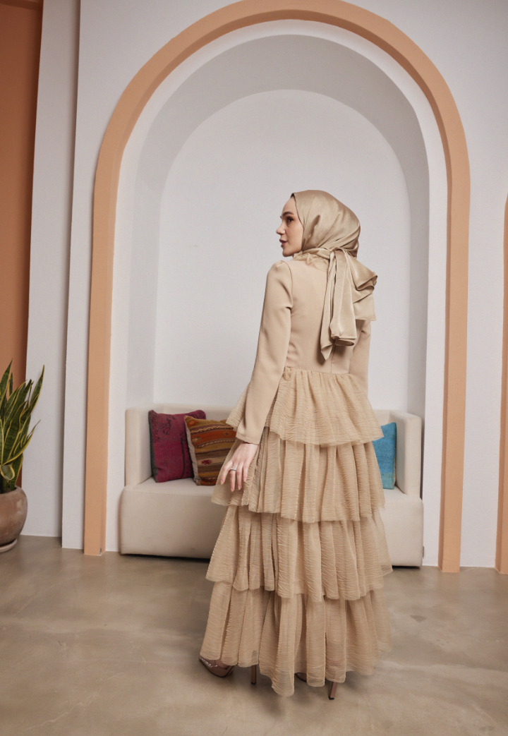 Qubra Beige Evening Dress with Gather Detail