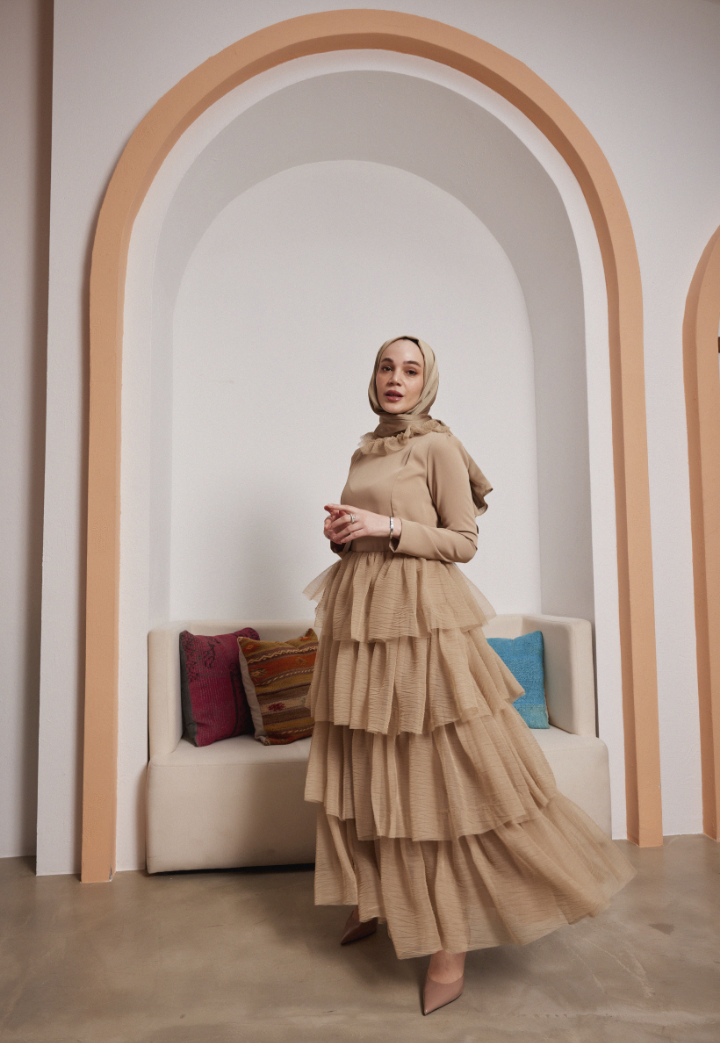 Qubra Beige Evening Dress with Gather Detail