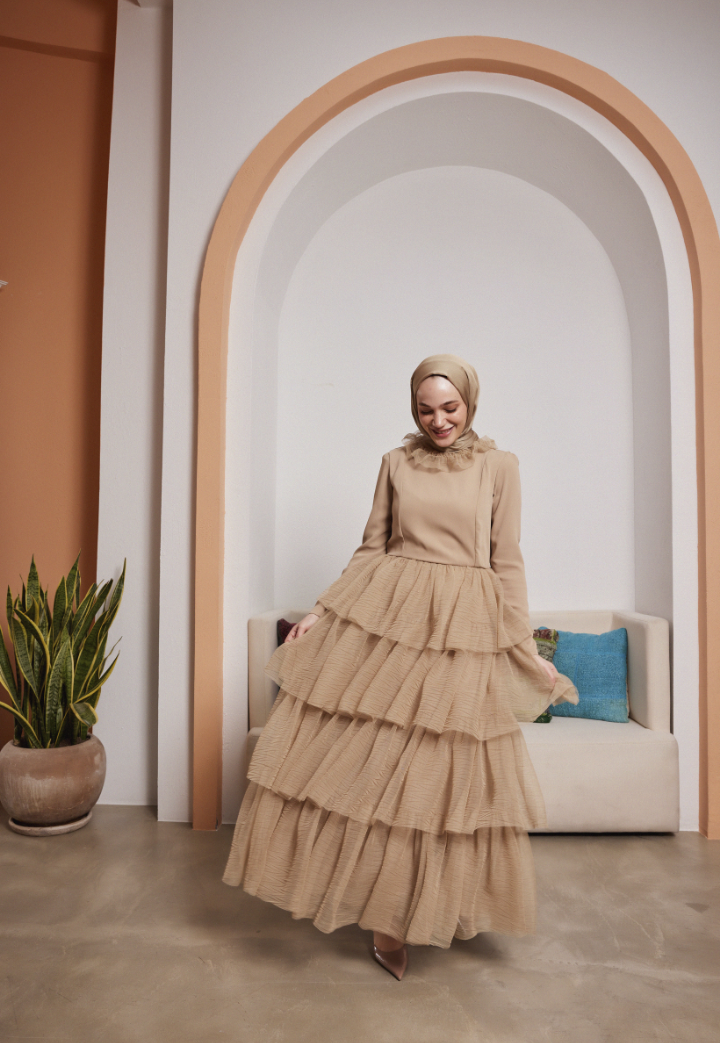Qubra Beige Evening Dress with Gather Detail