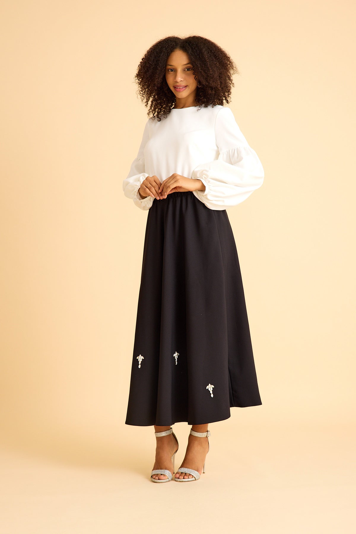 Black Stone Detailed Crepe Skirt