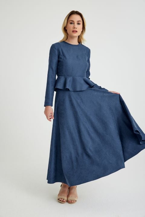 Prague Indigo Velvet Double Skirt Blouse Set